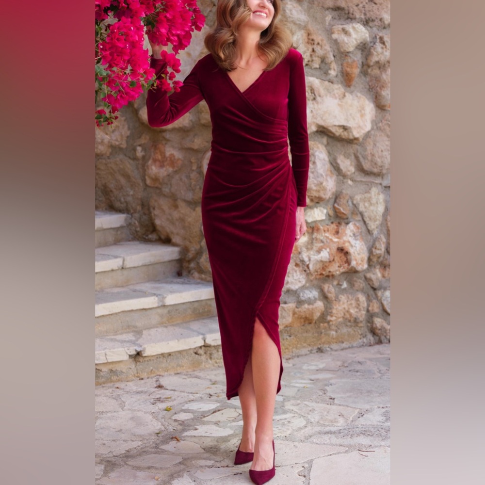 DIRASS/Women's Feminine Velvet Long Sleeve Wrap V Neck Dress / Large